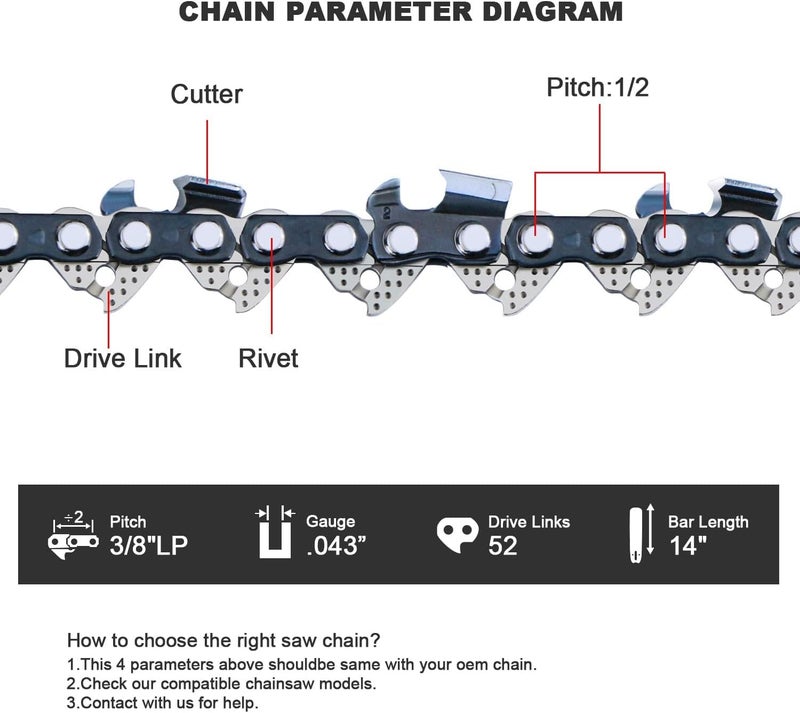 V-MODEST 3-Pack Chainsaw Chains 14-Inch 52 Drive Links 3/8" LP Pitch .043" Gauge, Superior Lubrication Low-Kickback Saw Chain fits Ryobi, Kobalt, Worx, Lynxx, 40V, Greenworks, Ego, Echo, Husqvarna -R52 - Image 3